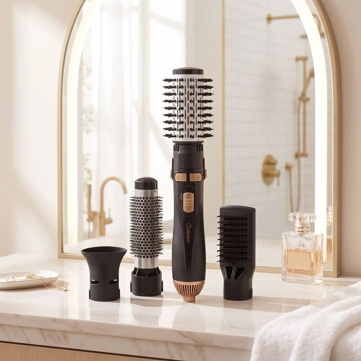 brosse chauffante avec ses accessoires sur un comptoir beige