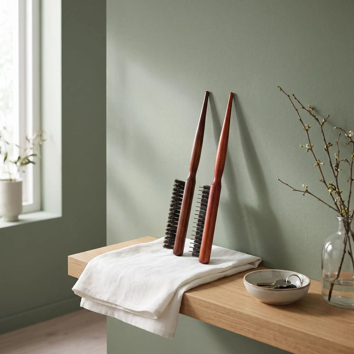 brosse poil de sanglier adossée contre un mur vert doux