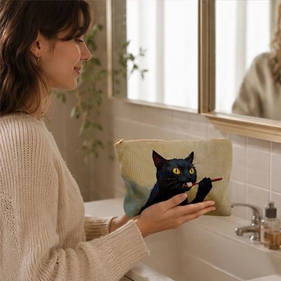Jeune femme qui porte la trousse de toilette afin d'en apprécier les caractéristiques