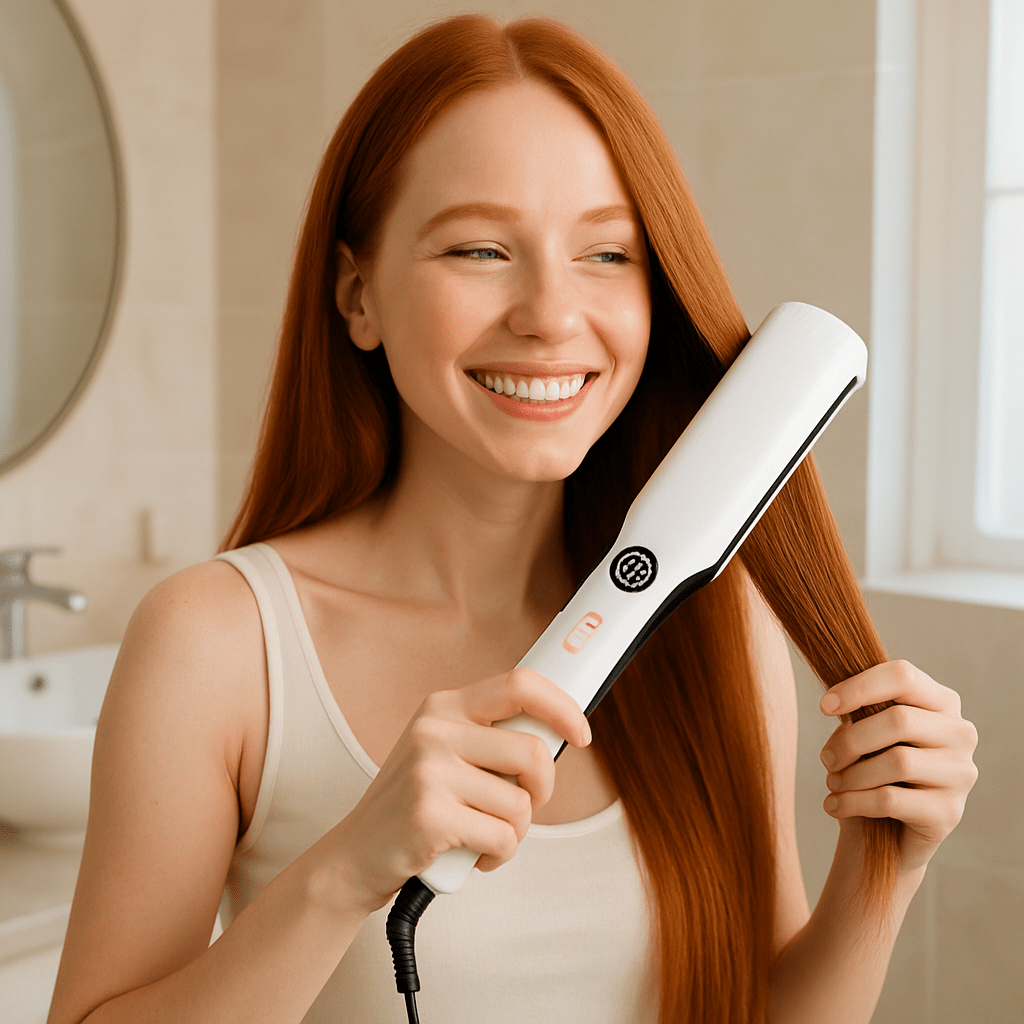jeune femme longs cheveux roux qui se coiffe avec le lisseur aux grosses plaques de couleur blanc