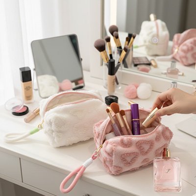 Trousse de toilette une main qui place des articles de maquillage dans la trousse