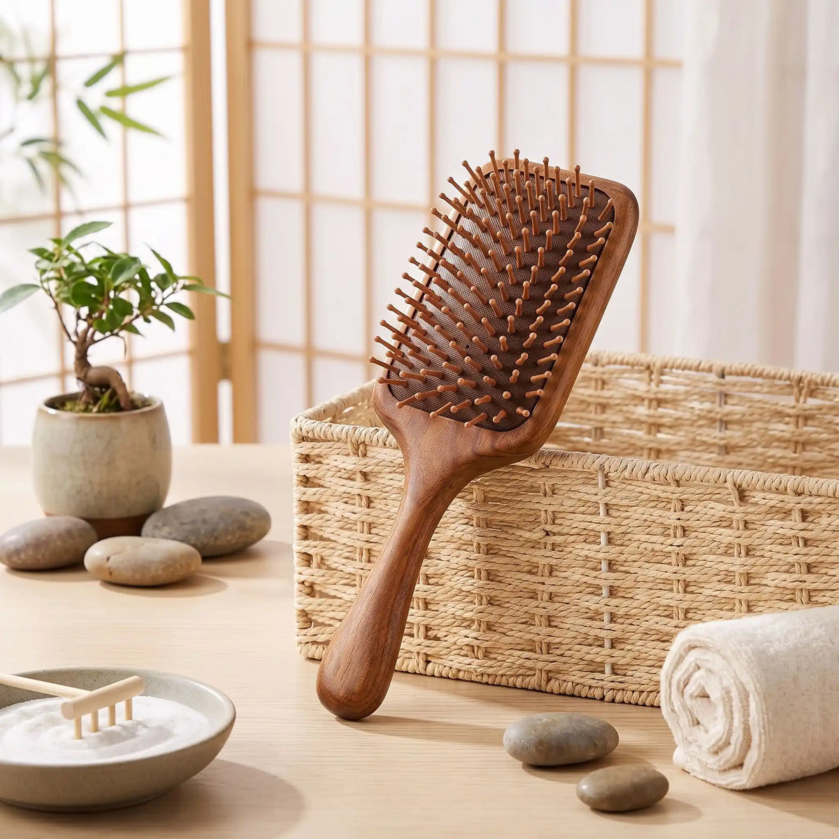 brosse à cheveux en bois de santal posée contre un panier en osier 