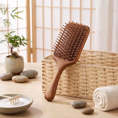 brosse à cheveux en bois de santal posée contre un panier en osier 
