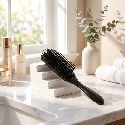 brosse à cheveux noire posée sur un plan blanc 