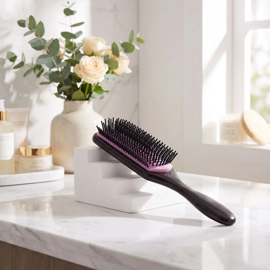 brosse à cheveux violet posée sur un plan blanc