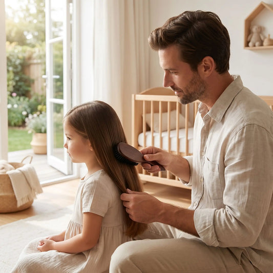 Un papa qui coiffe les cheveux de sa fillette aux longs cheveux châtains avec la Brosse poil de sanglier