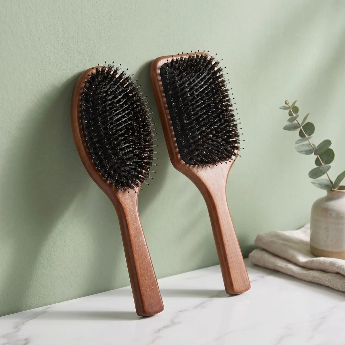 brosse poil de sanglier adossée contre un mur vert menthe 