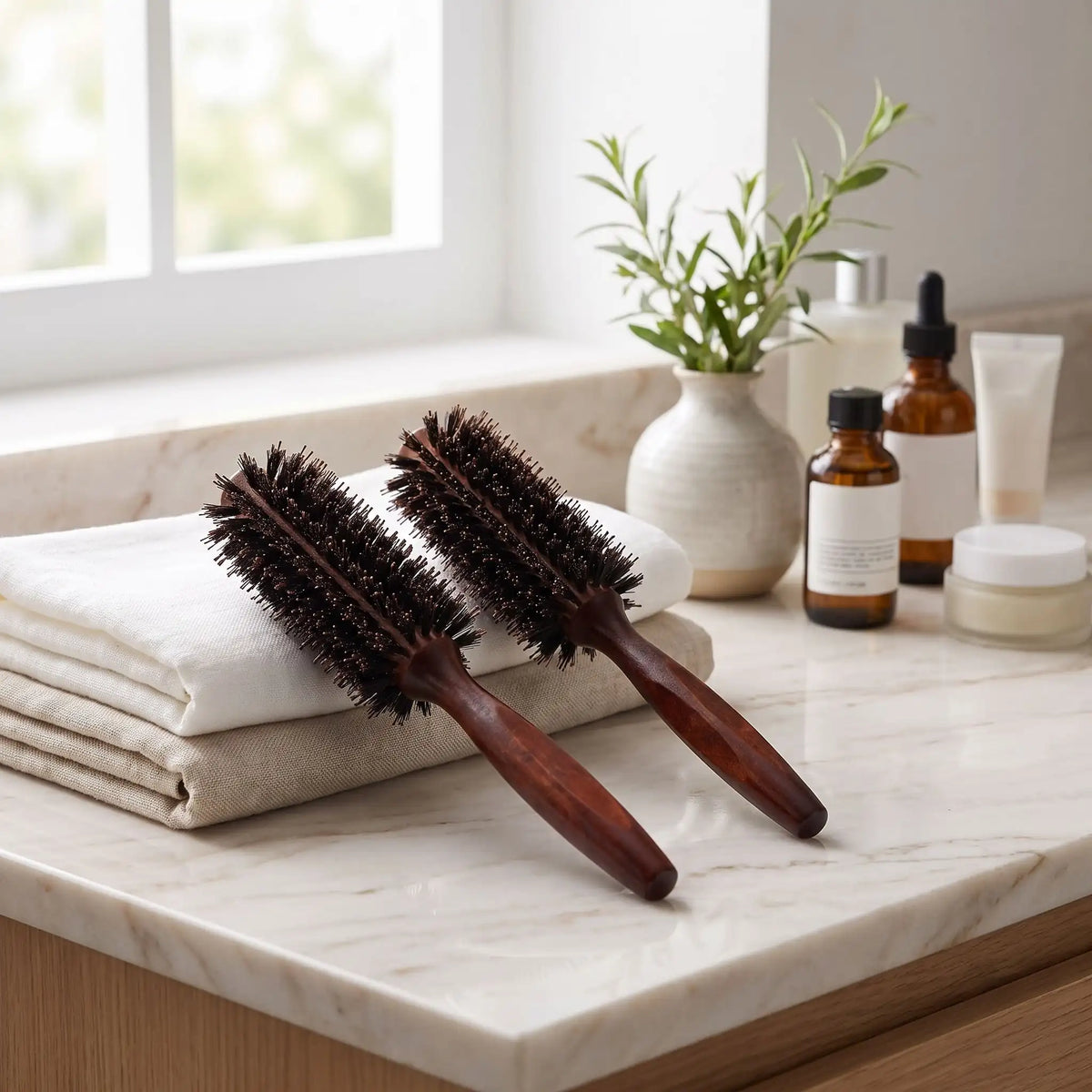 brosse poil de sanglier déposée sur un plan blanc gris en marbre