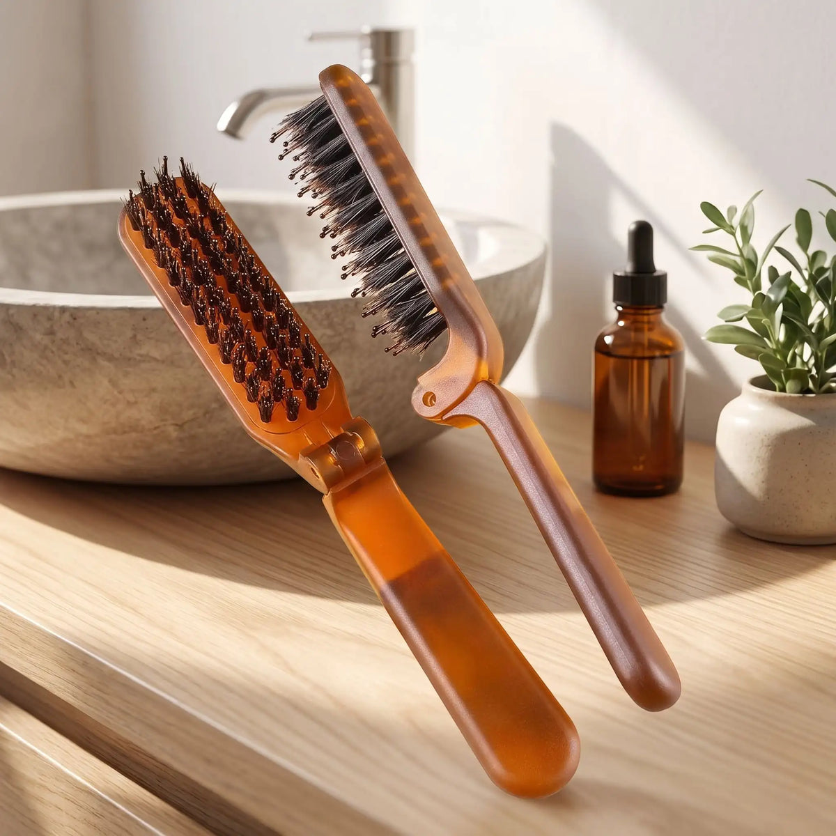 brosse poil de sanglier posée sur un comptoir en bois clair 