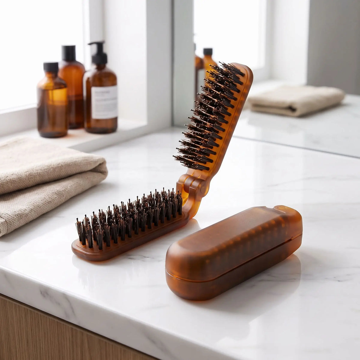 brosse poil de sanglier posée sur un plan blanc en marbre