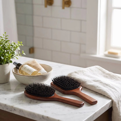 Brosse poil de sanglier posée sur un  plan blanc et gris 