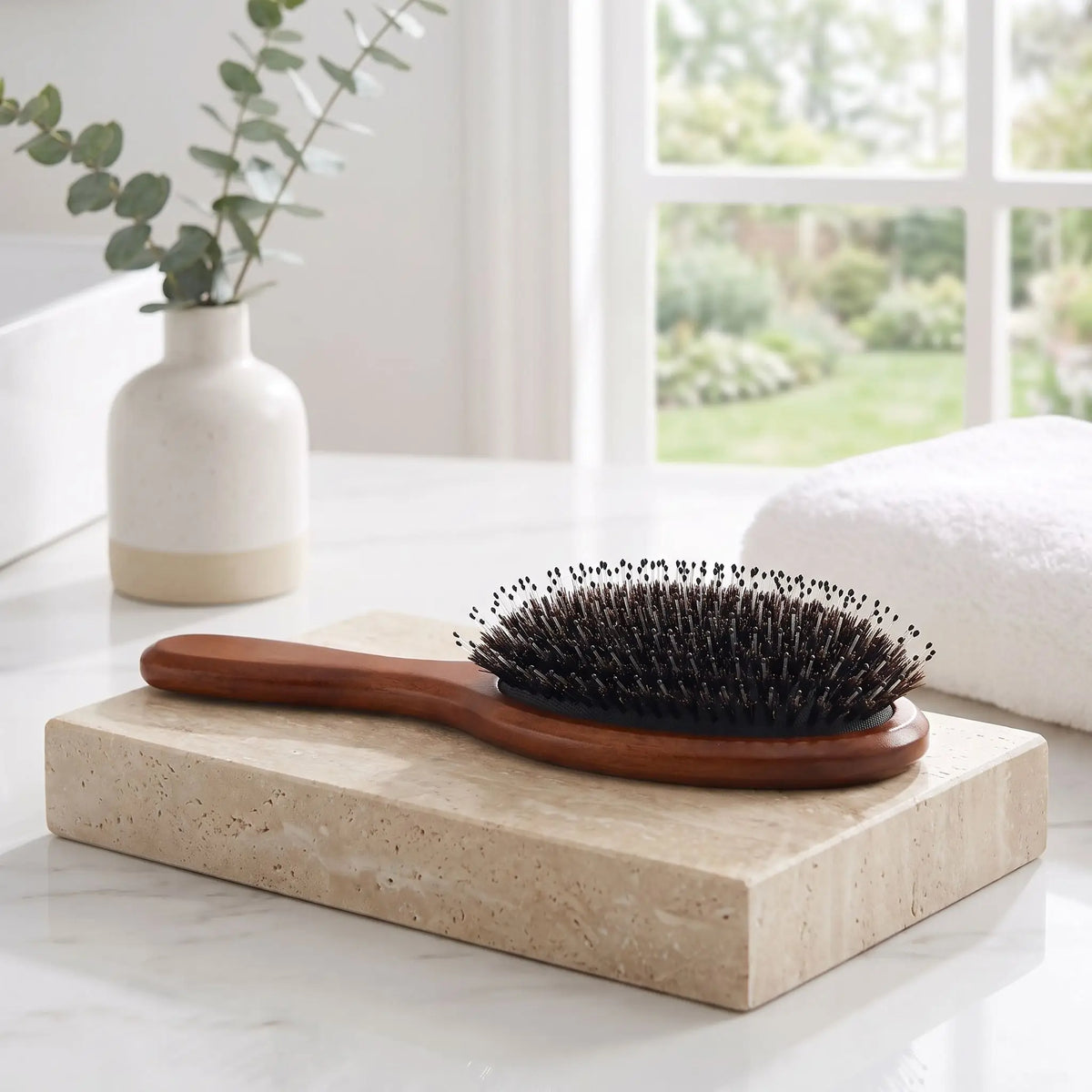 brosse poil de sanglier posée sur un plan crème de marbre