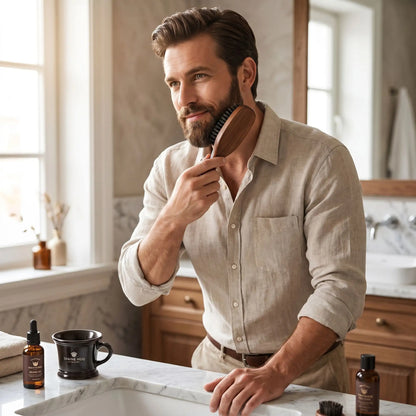 un homme qui se peigne la barbe devant son miroir avec la Brosse poil de sanglier