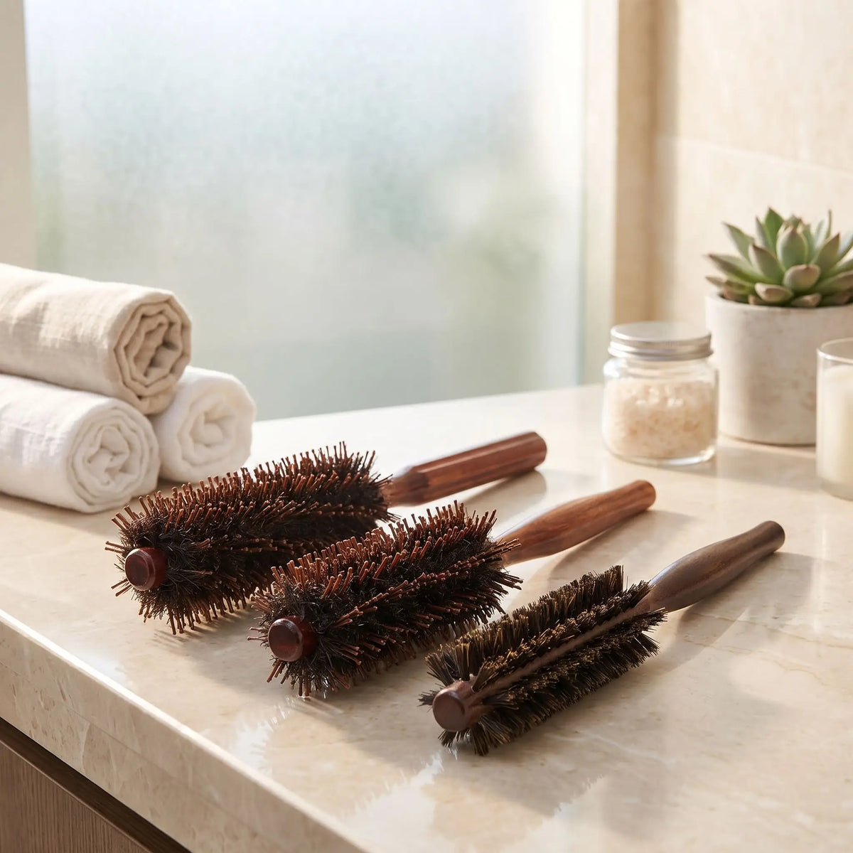 brosses poil de sanglier déposées sur un plan crème 