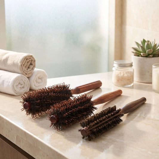 brosses poil de sanglier déposées sur un plan crème 