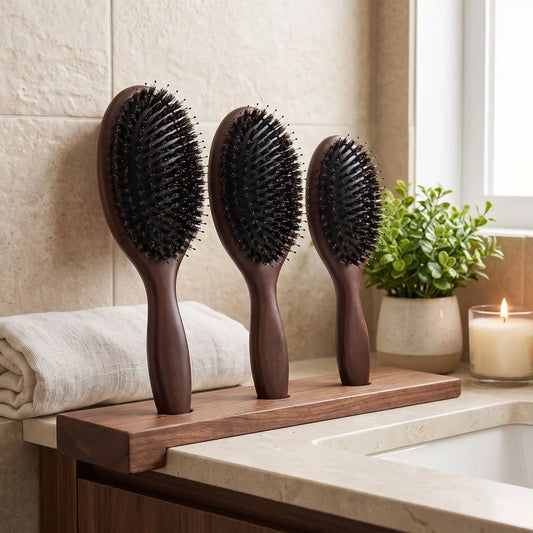 Ensemble de trois brosses poil de sanglier adossées contre un mur beige