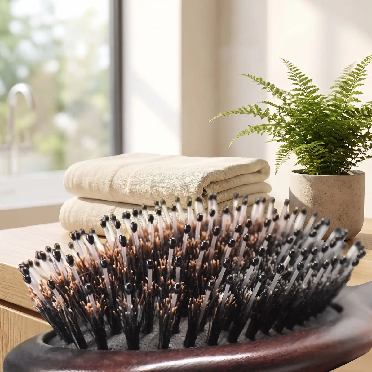 gros plan de la brosse poil de sanglier posée sur une table en bois 