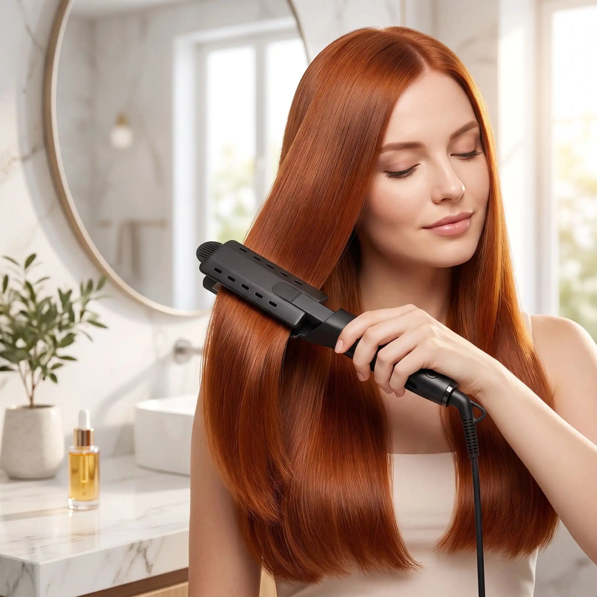 jeune femme longs cheveux roux qui se coiffe avec le lisseur cheveux 