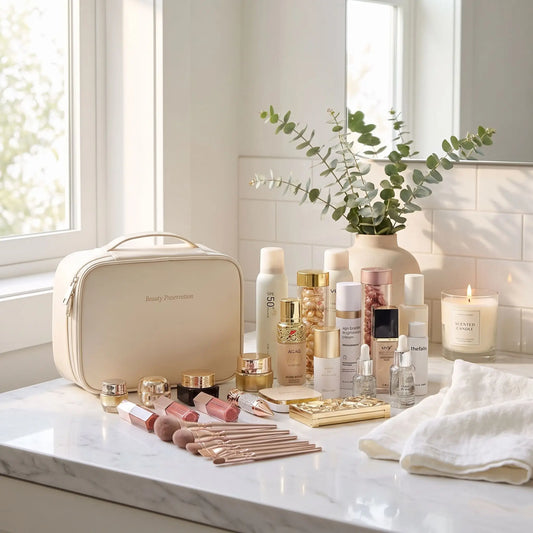 Trousse de toilette crème avec outils cosmétiques autour sur un plan blanc 