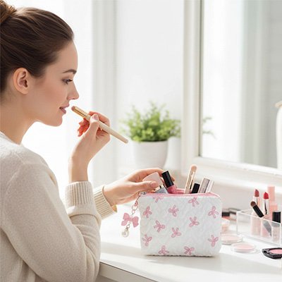 Une femme qui place ses accessoires de maquillage dans la trousse de toilette en tissus couleur noire et rose