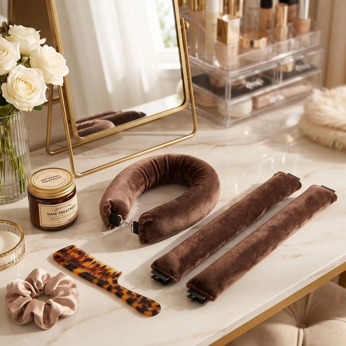 boucleur brun sans chaleur posé sur une table de maquillage