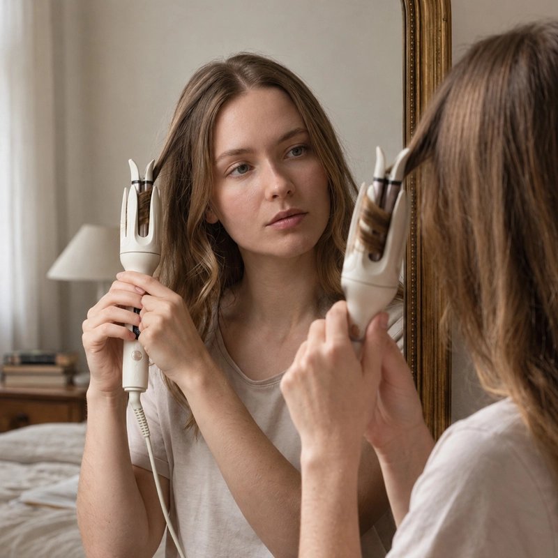 Boucleur cheveux jeune femme qui se coiffe devant son miroir 
