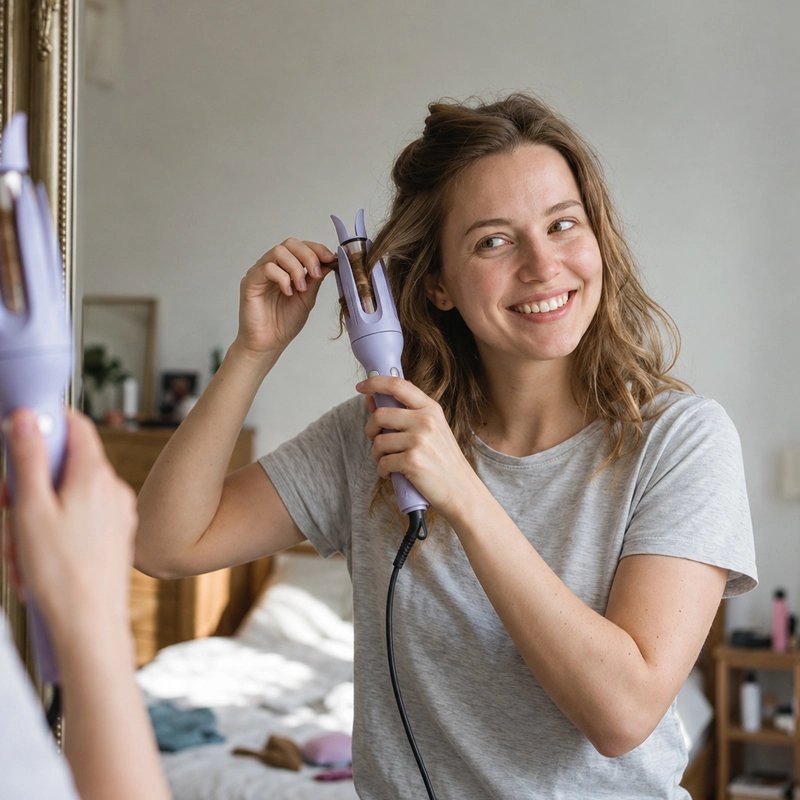 Boucleur cheveux jeune femme souriante qui se coiffe 
