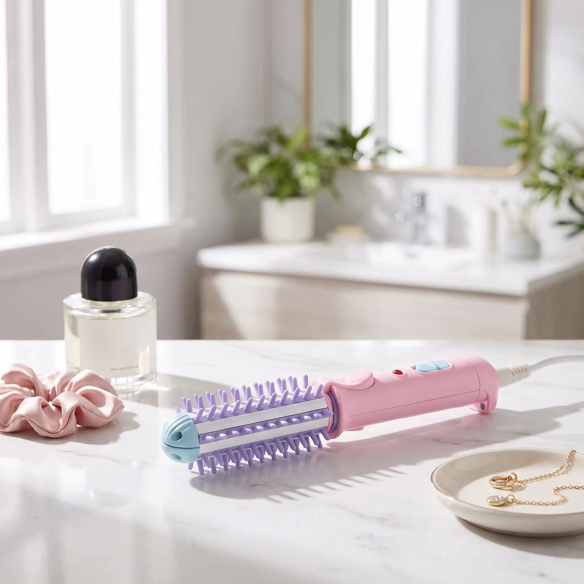 boucleur violet posé sur un plan blanc 