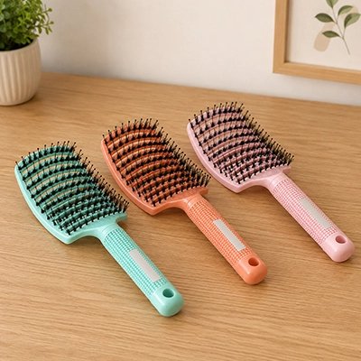 Brosse à cheveux 3 coloris posées sur un plan en bois clair 