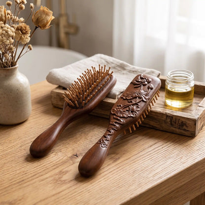 brosses à cheveux bois de santal fleur de lotus posées sur une table en bois 