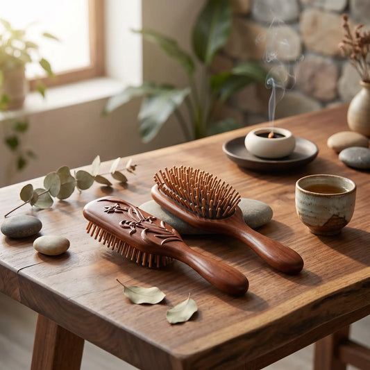 brosses à cheveux bois de santal herbes hautes posées sur une table en bois 