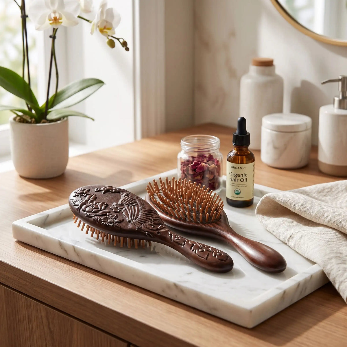 brosse à cheveux bois de santal posée sur un plan blanc et gris 