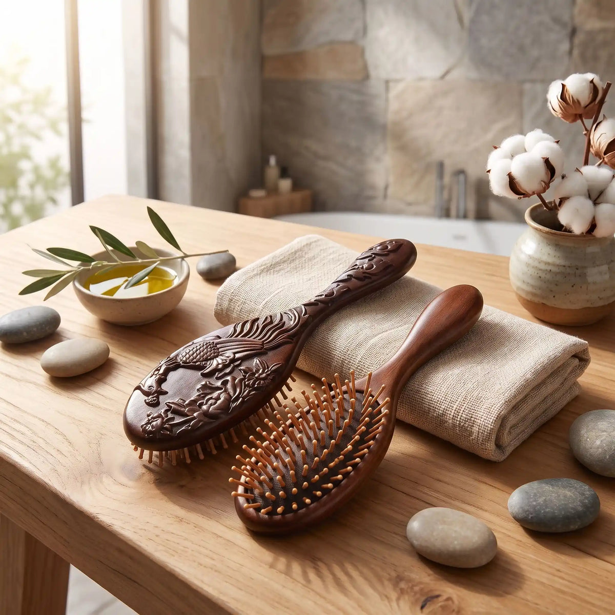 brosse à cheveux bois de santal posée sur un tissus décoratif 