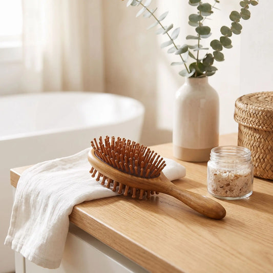 brosse à cheveux en bois de santal posée sur un plan en bois