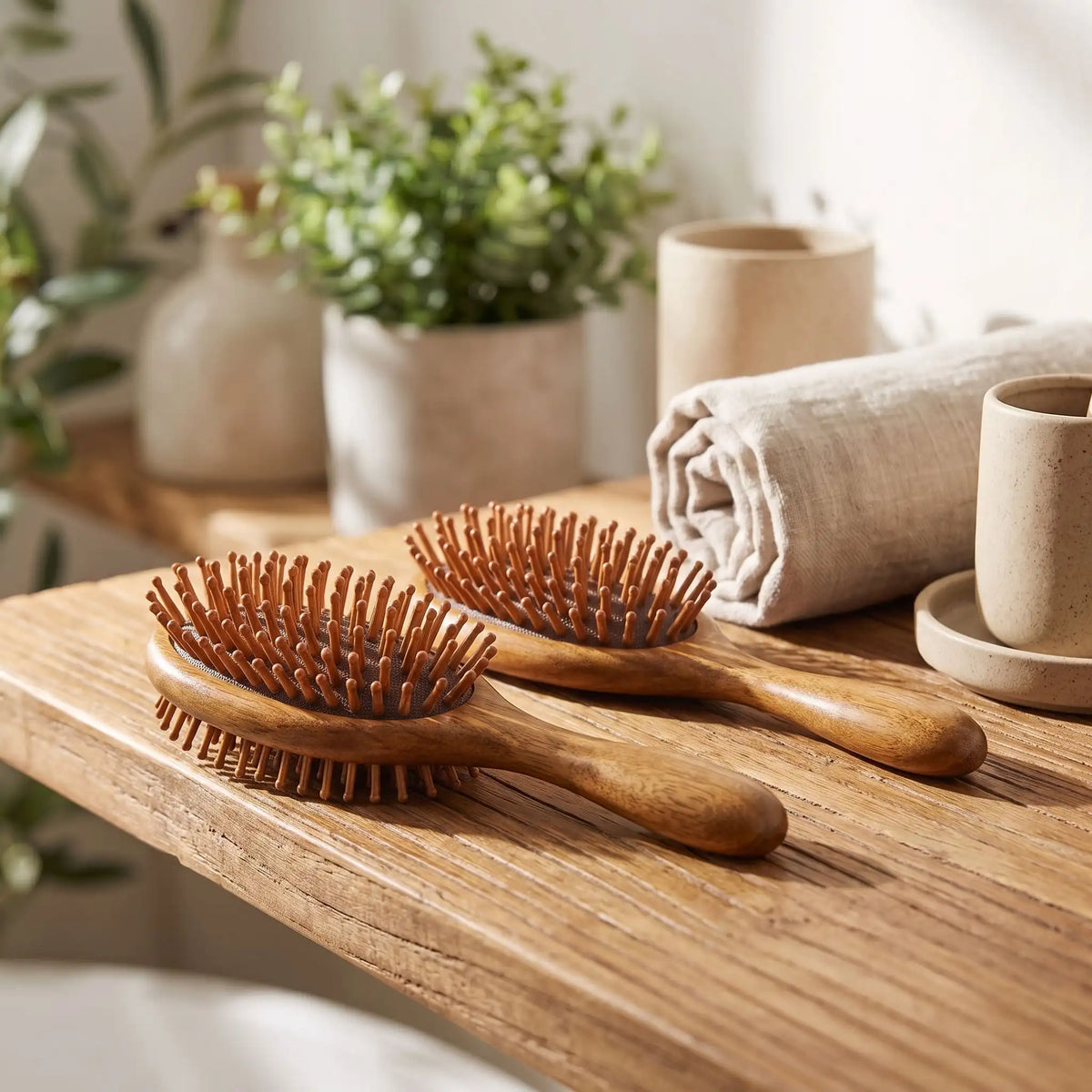 brosse à cheveux en bois de santal posées sur une table en bois 