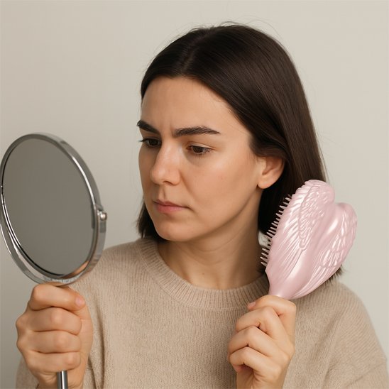 Brosse à cheveux femme aux cheveux mi longs qui se coiffe avec la brosse 