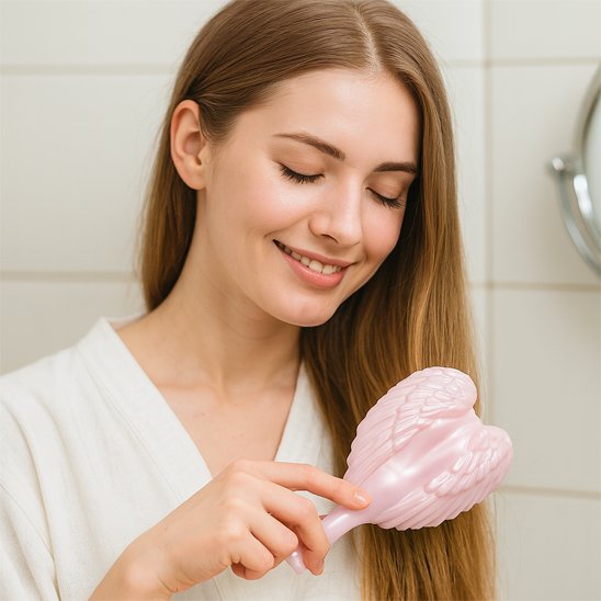 Brosse à cheveux jeune femme qui se coiffe avec la brosse 