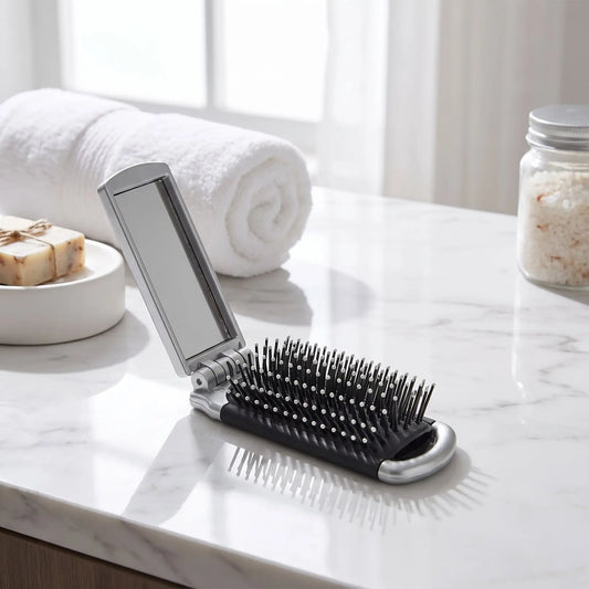 brosse à cheveux pliable posée sur un plan blanc 