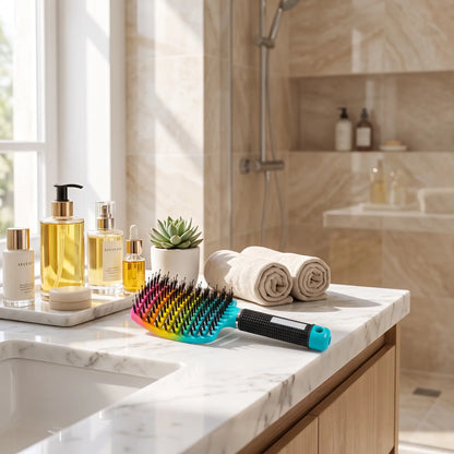brosse à cheveux posée sur un comptoir de salle de bain blanc et gris 
