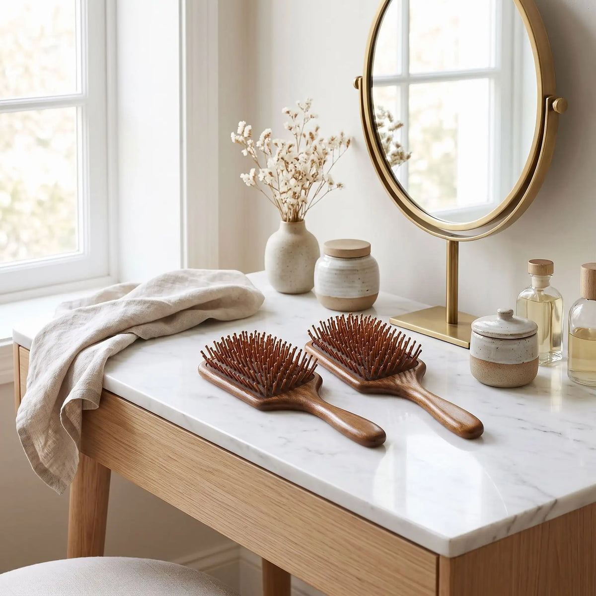 brosse à cheveux posées sur une table blanche 