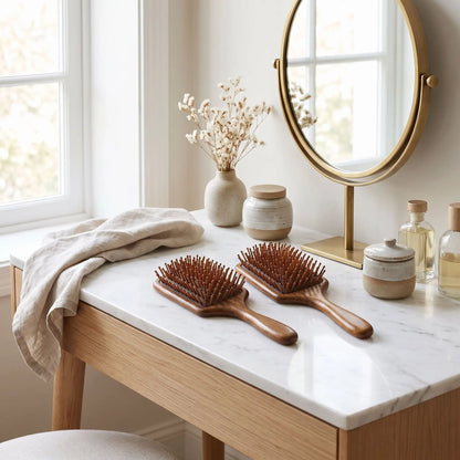 brosse à cheveux posées sur une table blanche 