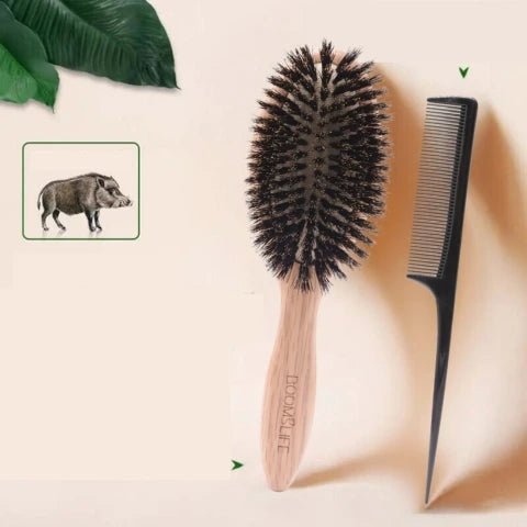 Brosse à Poil de Sanglier petit format adossée sur un mur beige et un peigne à cheveux à ses côtés 