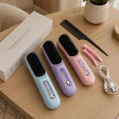 Brosse chauffante 3 coloris offerts posée sur un plan en bois 
