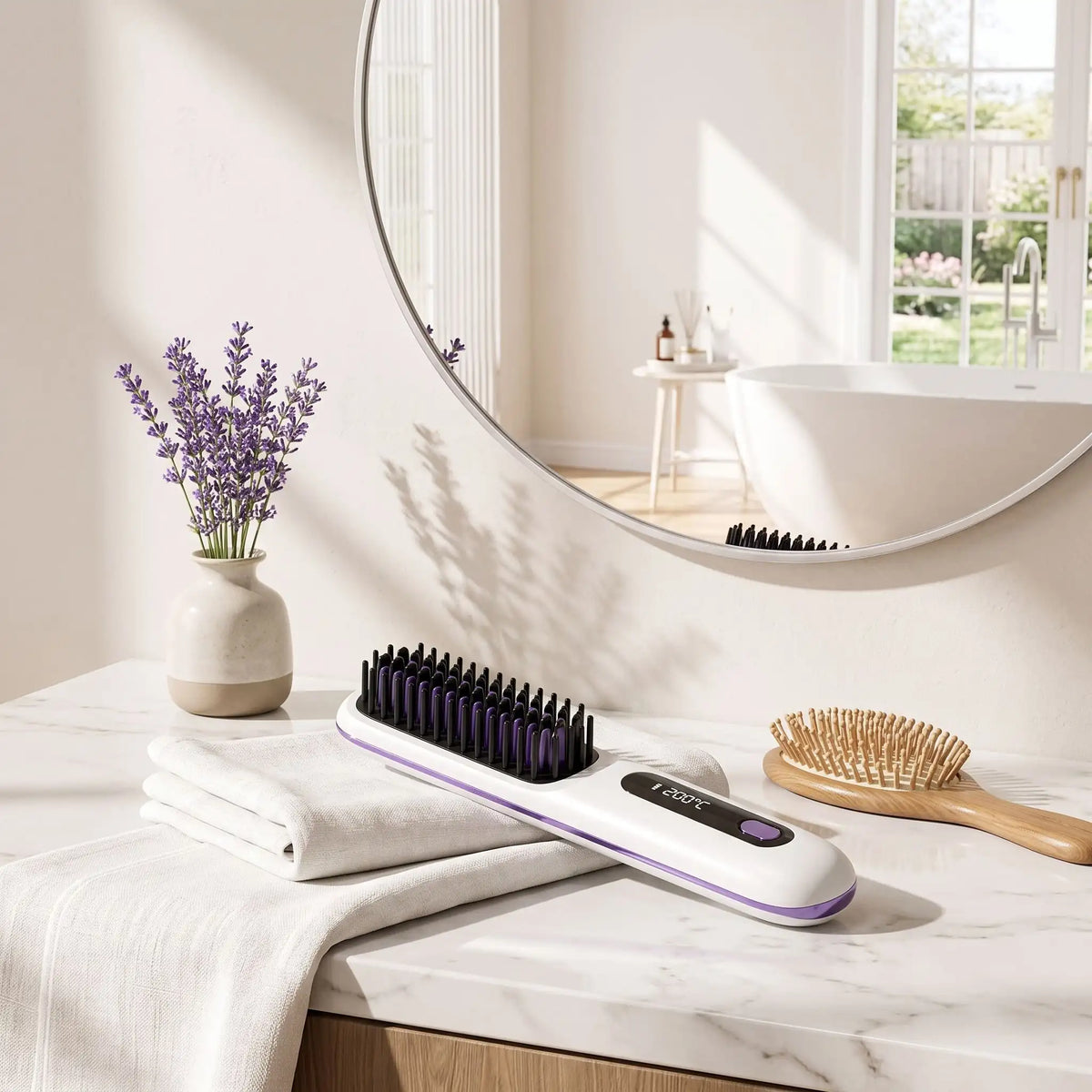Brosse chauffante blanche posée sur un plan blanc et gris 
