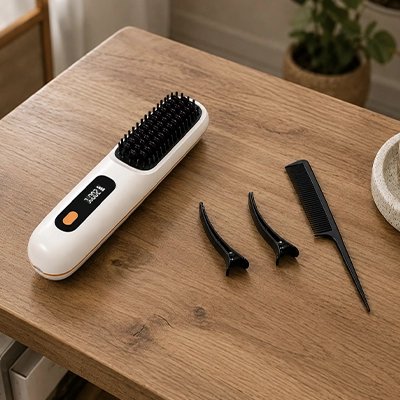 Brosse chauffante couleur blanche posée sur un plan en bois 