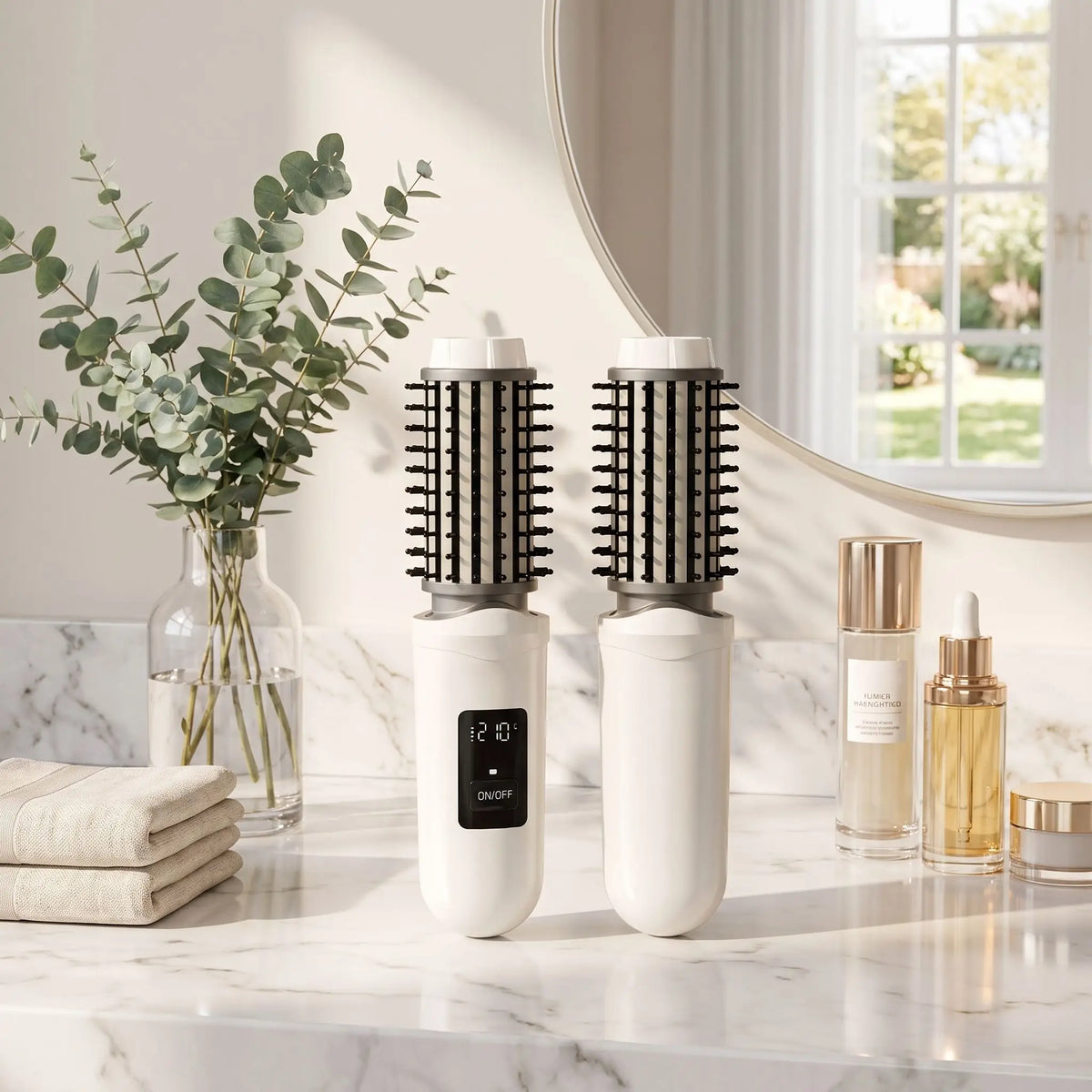 brosse chauffante couleur blanche posée sur un plan blanc et gris 