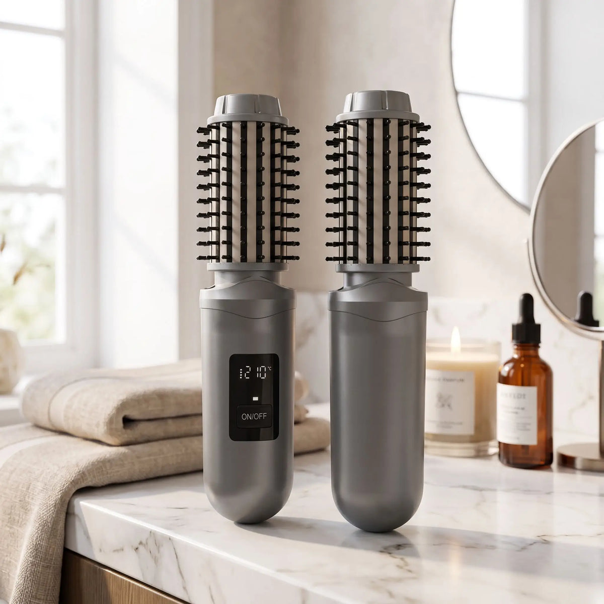 brosse chauffante couleur grise posée sur un plan blanc et gris 