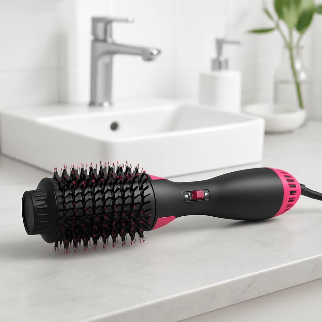 Brosse chauffante de couleur noir et rose posé sur un comptoir de salle de bain blanc 