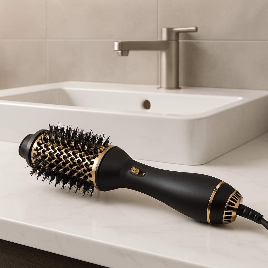 Brosse chauffante de couleur noir posé sur un comptoir de salle de bain blanc