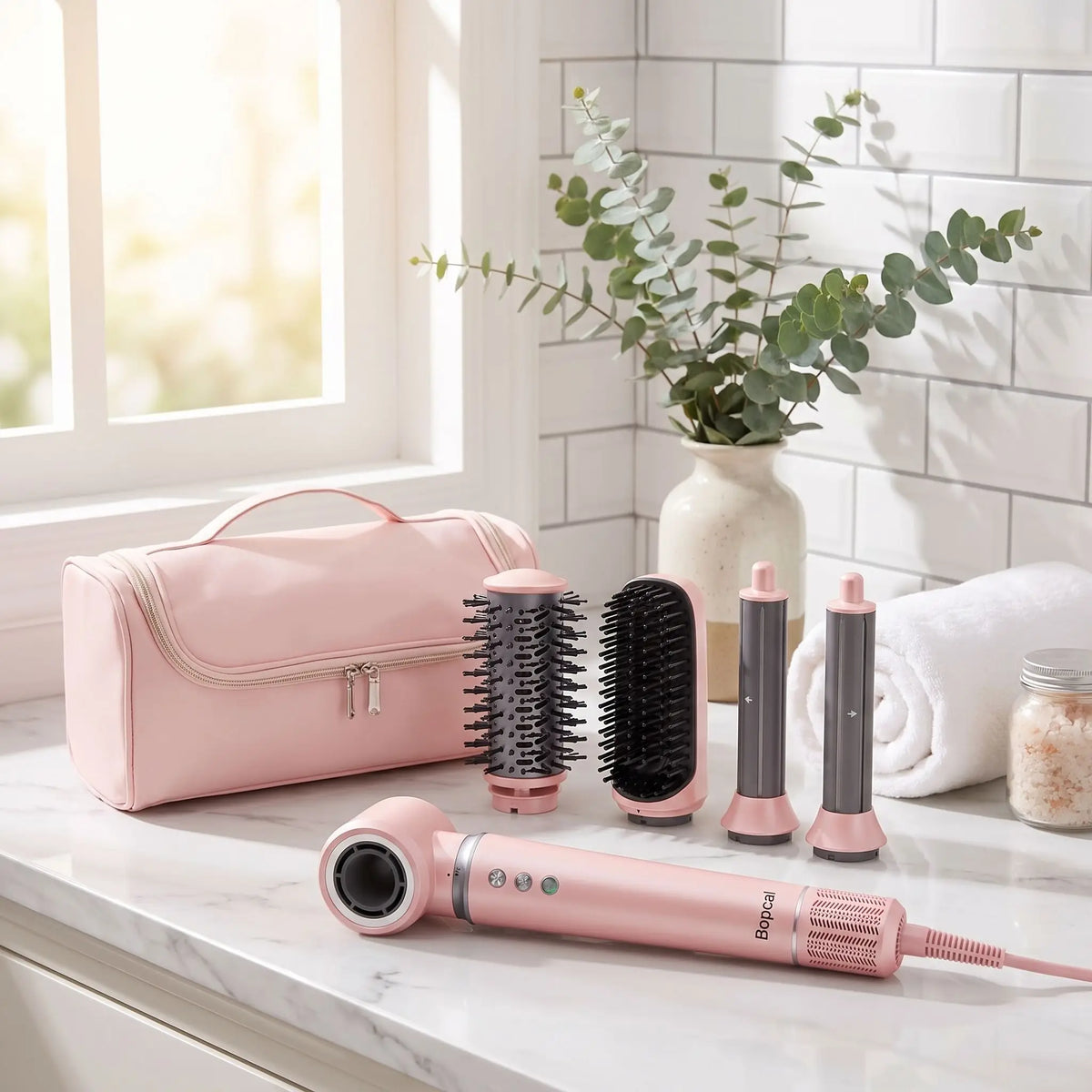 brosse chauffante ensemble 5 en 1 posé sur un plan blanc et gris 